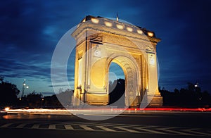 The Triumphal Arch Arcul de Triumf in Bucharest, the capital of Romania. Historic monument photo