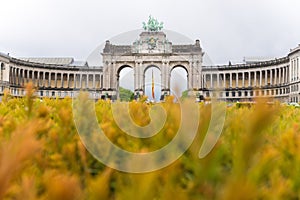 Triumphal Arch in Cinquantenaire Parc in Brussels, Belgium frog perspective