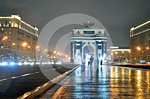 Triumphal arch on Kutuzov Avenue in Moscow. Blur, Glare, Pasteurization