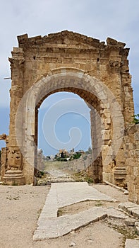 The Triumphal Arch. Roman archaeological remains in Tyre. Tyre is an ancient Phoenician city. Tyre, Lebanon