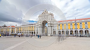 Triumphal arch at Rua Augusta at Commerce square timelapse hyperlapse in Lisbon, Portugal. photo