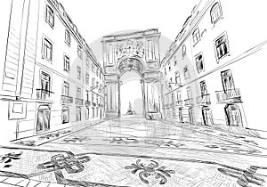 Triumphal Arch on the Rua Augusta. PrasÃÂ¡ do Comercio. Lisbon. Portugal. Europe. Hand drawn vector illustration. photo