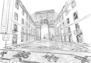 Triumphal Arch on the Rua Augusta. PrasÃ¡ do Comercio. Lisbon. Portugal. Europe. Hand drawn vector illustration.