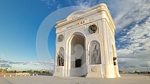 triumphal arch timelapse hyperlapse and the central part of the city in Astana, Kazakhstan.