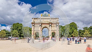 Triumphal Arch timelapse hyperlapse at Tuileries gardens in Paris, France.