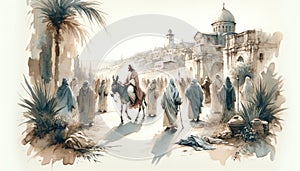 Triumphal Entry into Jerusalem. Passion Sunday. Watercolor Biblical Illustration photo