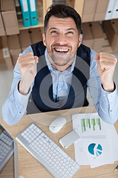 triumphant businessman at desk