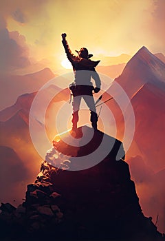 Triumphant climber on the peak of the mountain, silhouette at sunset. AI generated