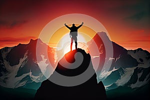 Triumphant climber on the peak of the mountain, silhouette at sunset. AI generated