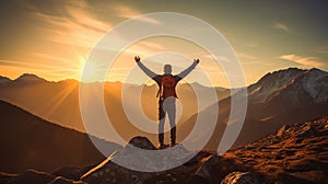 Triumphant man celebrating victory on mountain peak with raised arms in joy and exhilaration.