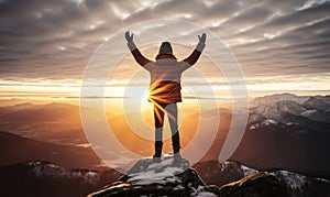 Triumphant person standing on a snowy mountain peak with arms raised towards the golden sunrise amidst a cloudy sky