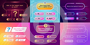Trivia game ui. Question and answer template for quiz show, multiple choice interface with buttons and timer. Vector game app
