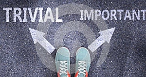 Trivial and important as different choices in life - pictured as words Trivial, important on a road to symbolize making decision