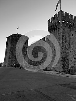 Trogir Fortress Kamerlengo black & white, low angle picture from outside.