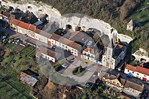 Troglodyte cliffs and the church of Mousseaux-sur-Seine seen from the sky