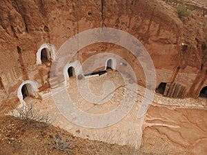 Troglodyte homes and underground caves of the Berbers in Sidi Driss, Matmata, Tunisia, Africa, on a clear day