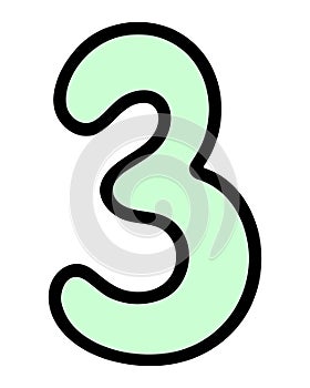 Troika. Green number three with rounded corners. Arabic number symbol. Cartoon style