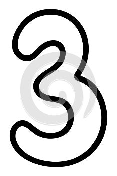 Troika. Number three with rounded corners. Arabic number symbol. Sketch. Vector illustration. Doodle style.