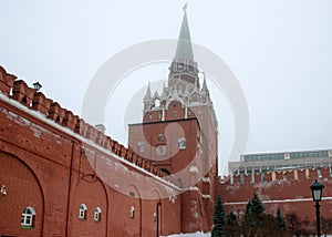 The Troitskaya tower of the Moscow Kremlin in the fog