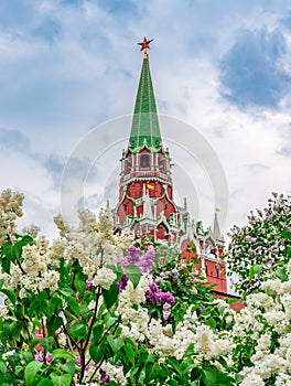 Troitskaya tower of Moscow Kremlin in spring, Russ