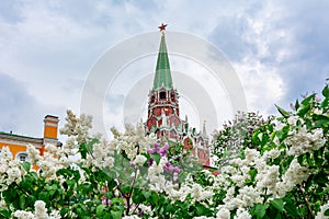 Troitskaya tower of Moscow Kremlin in spring, Russia