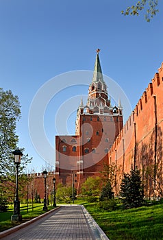 Troitskaya Tower and part of a wall of the Moscow Kremlin.