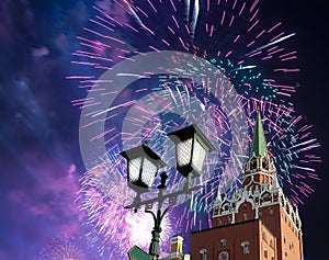 Troitskaya Trinity Tower and fireworks in honor of Victory Day celebration WWII,  Moscow Kremlin, Russia