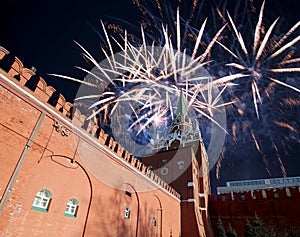 Troitskaya Trinity Tower and fireworks in honor of Victory Day celebration WWII,  Moscow Kremlin, Russia