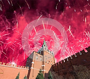 Troitskaya Trinity Tower and fireworks in honor of Victory Day celebration WWII,  Moscow Kremlin, Russia