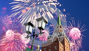 Troitskaya Trinity Tower and fireworks in honor of Victory Day celebration WWII,  Moscow Kremlin, Russia