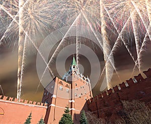 Troitskaya Trinity Tower and fireworks in honor of Victory Day celebration WWII,  Moscow Kremlin, Russia