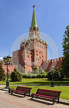 Troitskaya Trinity Tower of Moscow Kremlin and Alexander garden, Russia