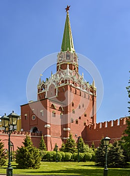 Troitskaya (Trinity) Tower of Moscow Kremlin and Alexander garden, Russia