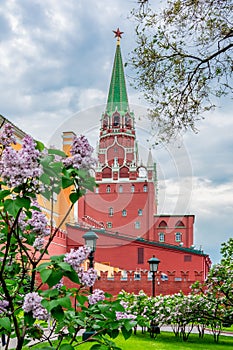 Troitskaya (Trinity) tower of Moscow Kremlin in spring, Russia