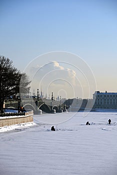 Troitsky bridge and the Neva river winter panorama.