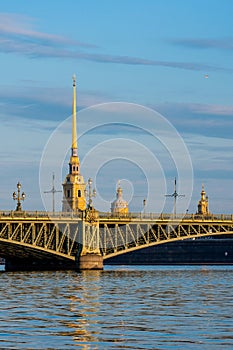 Troitsky bridge and st Peter and Paul cathedral during sunrise