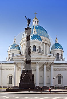 Troitsky Izmaylovsky cathedral, 18th century, and a monument `A column of Military glory`, 19th century, in memory of the Russia