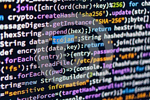 Trojan. A close-up of a computer screen displaying colorful text with encryption codes data, encrypt, decrypt, SHA256