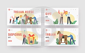 Trojan Horse Landing Page Template Set. Business Man Character Giving Gift in Shape of Horse with Burning Bomb inside