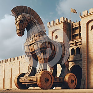 The Trojan Horse ready to enter the city walls of Troy. The Trojan war by Homer