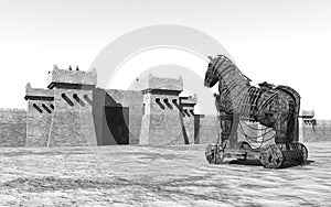 Trojan Horse at Troy in black and white