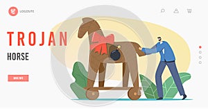 Trojan Horse Unpleasant Surprise Landing Page Template. Corporate Espionage, Meanness, Business Man Character Push Horse