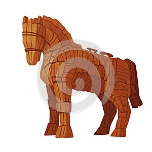 Trojan horse. Wooden scratch statue of ancient troy and history greece war, mythical monument trojans old horses in