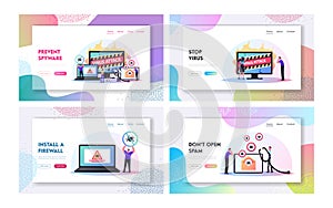 Trojan Worm in Pc Landing Page Template Set. Tiny Characters at Huge Computer with Virus Attack. Cyberspace Security