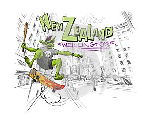 Troll jumps on a skateboard in the city Wellington. New Zealand. Hand drawn city sketch. Design fashi