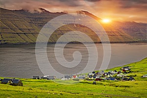 Trollanes Village, Kalsoy Island, Faroe Islands, Sunrise Over Mountain