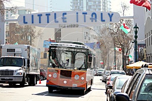 Trolley Bus Driving through Little Italy in San Diego