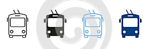 Trolley Bus Line And Silhouette Color Icon Set. Trolley Bus in Front View Pictogram. Urban Electric Public