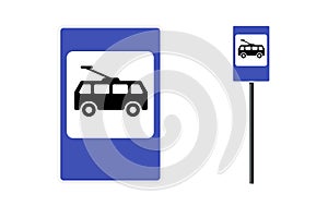 Trolley bus stop post station icon flat design. Blue city road public transport sign set. Trolleybus isolated vector