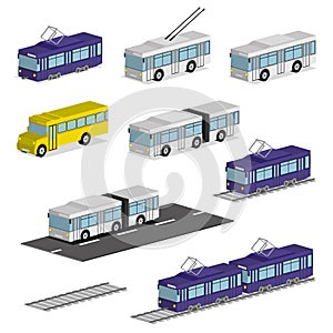 Trolley bus, tram, bus and school bus.